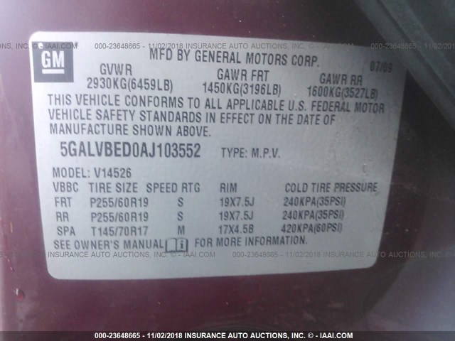 5GALVBED0AJ103552 - 2010 BUICK ENCLAVE CXL 红色 照片 9