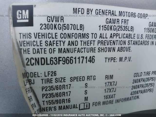 2CNDL63F966117146 - 2006 CHEVROLET EQUINOX LT SILVER photo 9