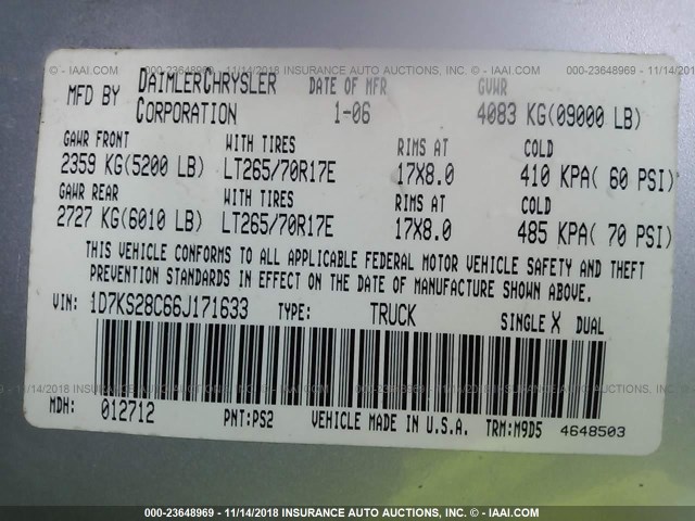 1D7KS28C66J171633 - 2006 DODGE RAM 2500 ST/SLT 银色 照片 9