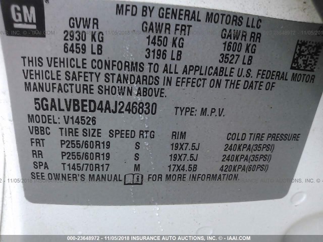 5GALVBED4AJ246830 - 2010 BUICK ENCLAVE CXL თეთრი ფოტო 9