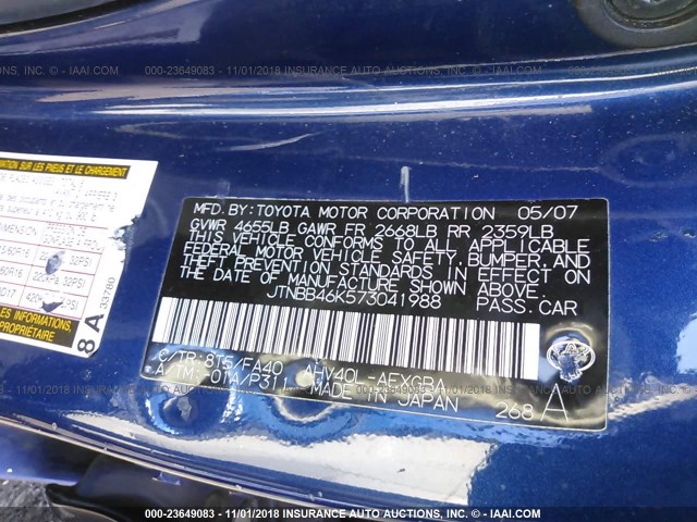 JTNBB46K573041988 - 2007 TOYOTA CAMRY NEW GENERAT HYBRID BLUE photo 9