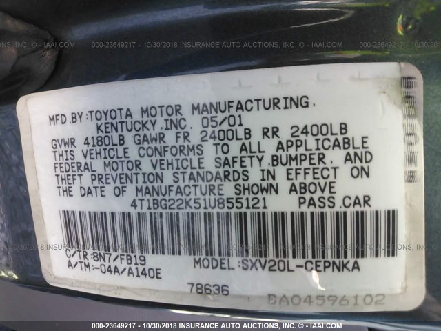 4T1BG22K51U855121 - 2001 TOYOTA CAMRY CE/LE/XLE 蓝色 照片 9