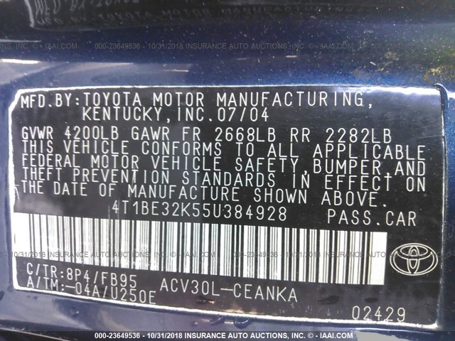 4T1BE32K55U384928 - 2005 TOYOTA CAMRY LE/XLE/SE BLUE photo 9