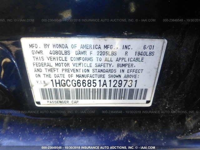 1HGCG66851A129731 - 2001 HONDA ACCORD EX BLUE photo 9