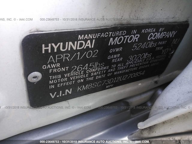 KM8SC73D12U270854 - 2002 HYUNDAI SANTA FE WHITE photo 9