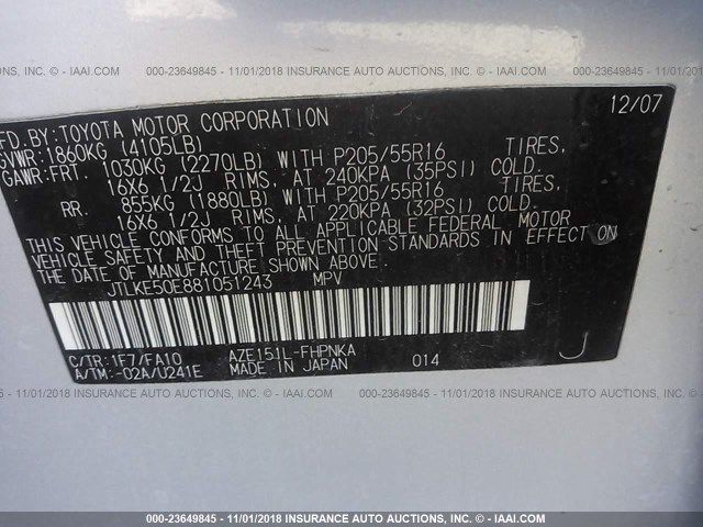 JTLKE50E881051243 - 2008 TOYOTA SCION XB Gümüş foto 9