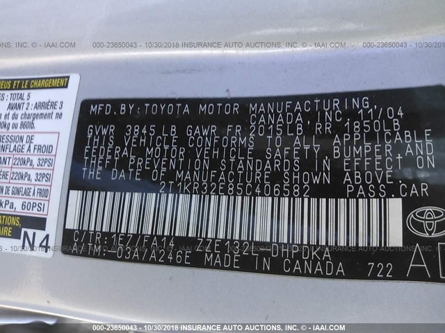 2T1KR32E85C406582 - 2005 TOYOTA COROLLA MATRIX XR SILVER photo 9