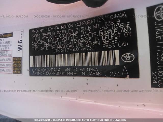 JTKDE177560138730 - 2006 TOYOTA SCION TC 白色 照片 9