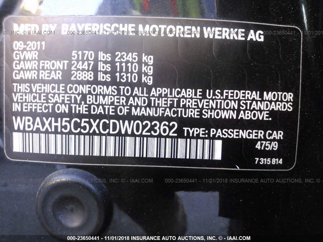 WBAXH5C5XCDW02362 - 2012 BMW 528 XI BLACK photo 9