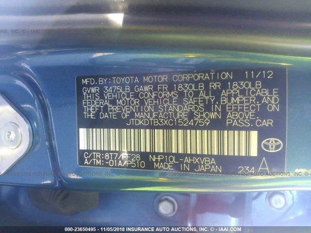 JTDKDTB3XC1524759 - 2012 TOYOTA PRIUS C BLUE photo 9