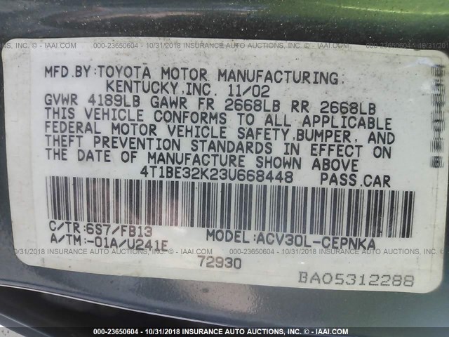 4T1BE32K23U668448 - 2003 TOYOTA CAMRY LE/XLE/SE GREEN photo 9