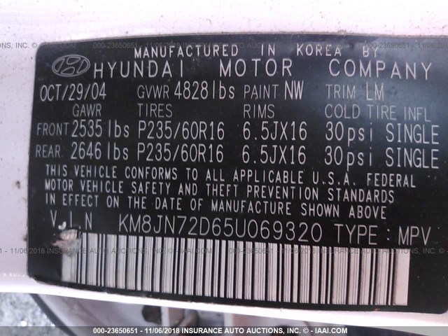 KM8JN72D65U069320 - 2005 HYUNDAI TUCSON GLS/LX WHITE photo 9