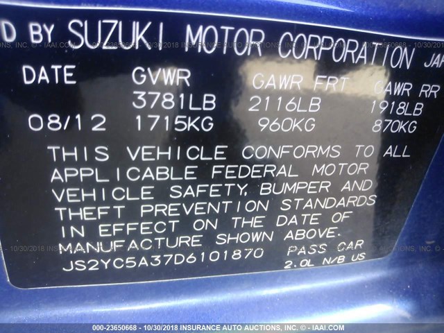 JS2YC5A37D6101870 - 2013 SUZUKI SX4 LE BLUE photo 9