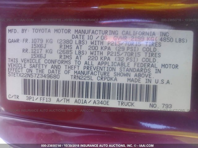 5TETX22N57Z349680 - 2007 TOYOTA TACOMA ACCESS CAB წითელი ფოტო 9