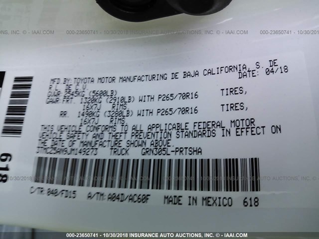 3TMCZ5AN9JM149273 - 2018 TOYOTA TACOMA DBL CAB/SR/TRDSPT/OR/PRO თეთრი ფოტო 9