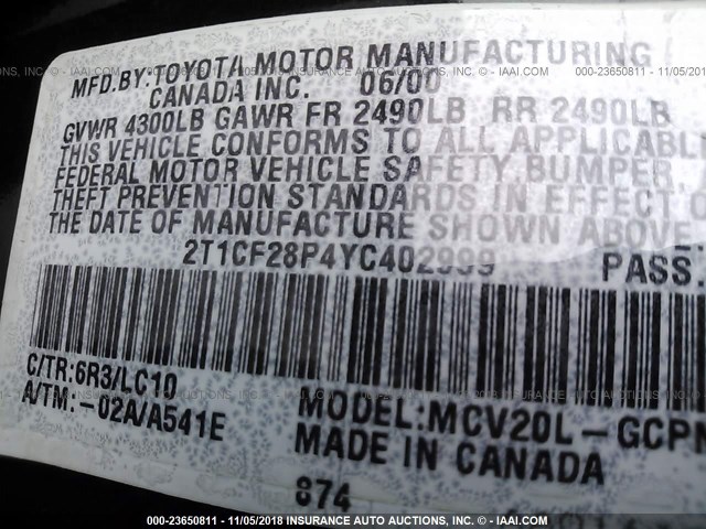 2T1CF28P4YC402999 - 2000 TOYOTA CAMRY SOLARA SE/SLE Yaşıl foto 9