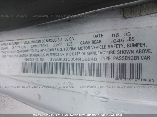 3VWBK31C35M418048 - 2005 VOLKSWAGEN NEW BEETLE GL 银色 照片 9