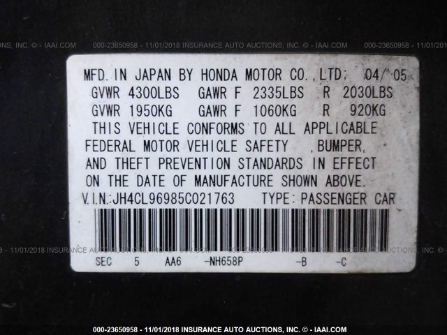 JH4CL96985C021763 - 2005 ACURA TSX ნაცრისფერი ფოტო 9