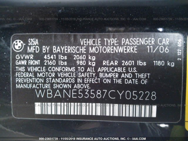 WBANE53587CY05228 - 2007 BMW 525 I BLACK photo 9