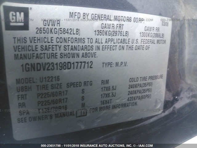 1GNDV23198D177712 - 2008 CHEVROLET UPLANDER LS GRAY photo 9