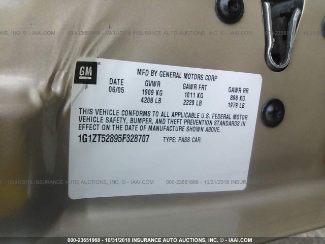 1G1ZT52895F328707 - 2005 CHEVROLET MALIBU LS ოქროსფერი ფოტო 9