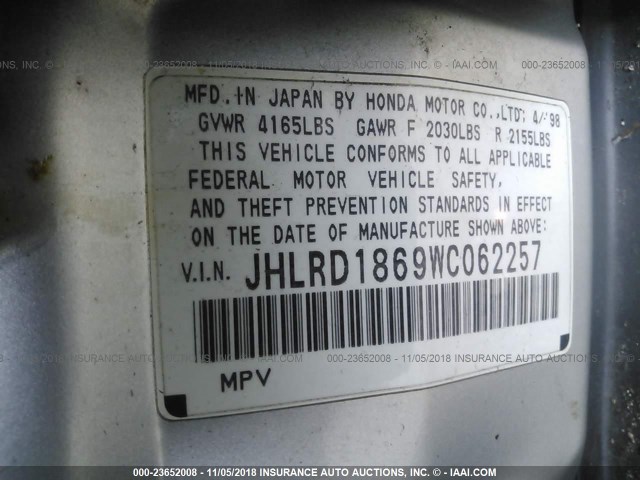 JHLRD1869WC062257 - 1998 HONDA CR-V EX ვერცხლისფერი ფოტო 9