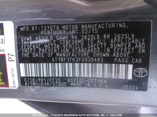 4T1BF1FK3FU030483 - 2015 TOYOTA CAMRY LE/XLE/SE/XSE GRAY photo 9