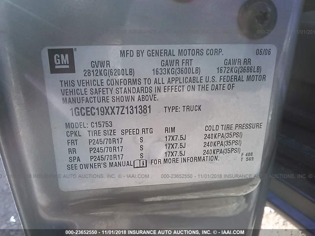 1GCEC19XX7Z131381 - 2007 CHEVROLET SILVERADO C1500 CLASSIC SILVER photo 9