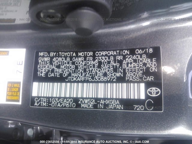 JTDKARFP6J3088972 - 2018 TOYOTA PRIUS PRIME  GRAY photo 9