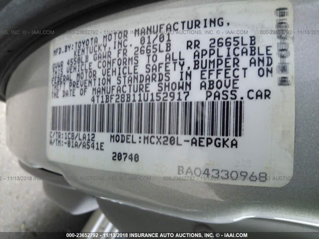 4T1BF28B11U152917 - 2001 TOYOTA AVALON XL/XLS SILVER photo 9