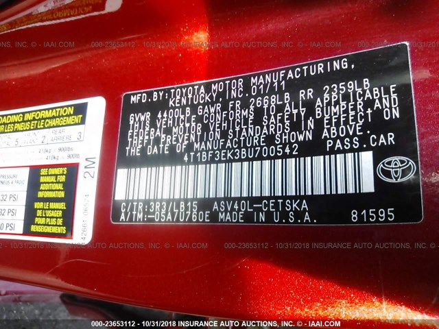4T1BF3EK3BU700542 - 2011 TOYOTA CAMRY SE/LE/XLE RED photo 9