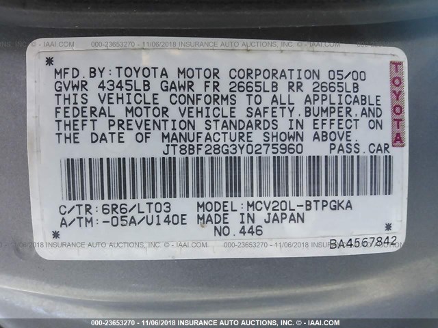 JT8BF28G3Y0275960 - 2000 LEXUS ES 300 GRAY photo 9