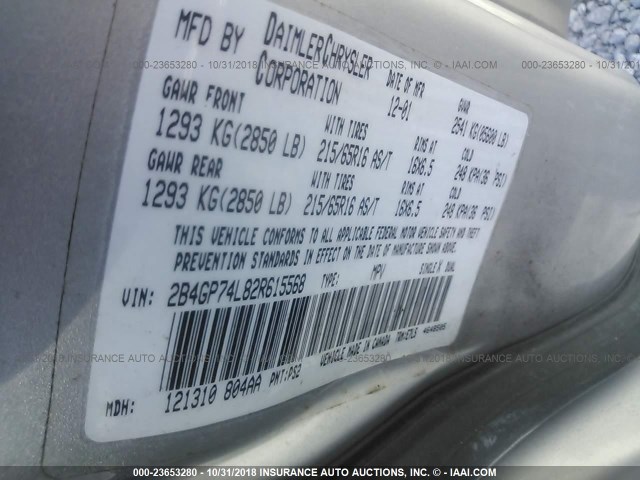 2B4GP74L82R615568 - 2002 DODGE GRAND CARAVAN EX SILVER photo 9