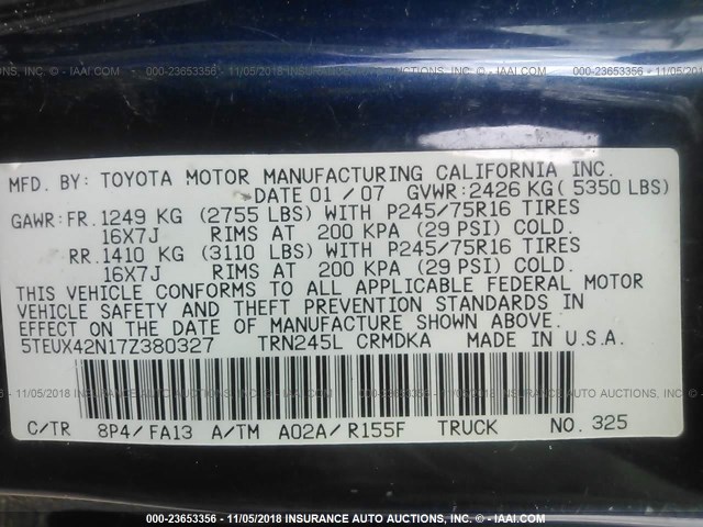 5TEUX42N17Z380327 - 2007 TOYOTA TACOMA ACCESS CAB ლურჯი ფოტო 9