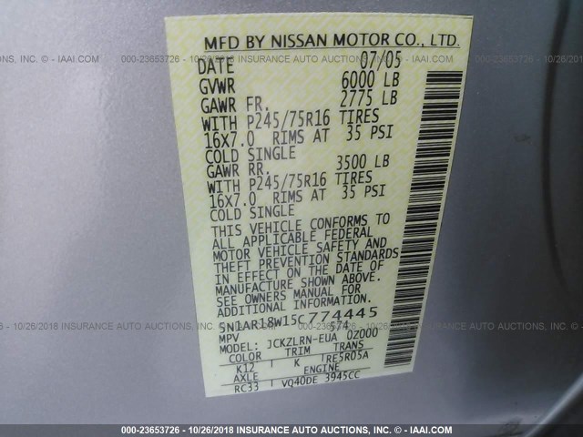 5N1AR18W15C774445 - 2005 NISSAN PATHFINDER LE/SE/XE SILVER photo 9