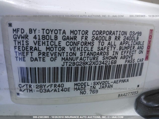 JT2BG28K2X0342168 - 1999 TOYOTA CAMRY LE/XLE WHITE photo 9