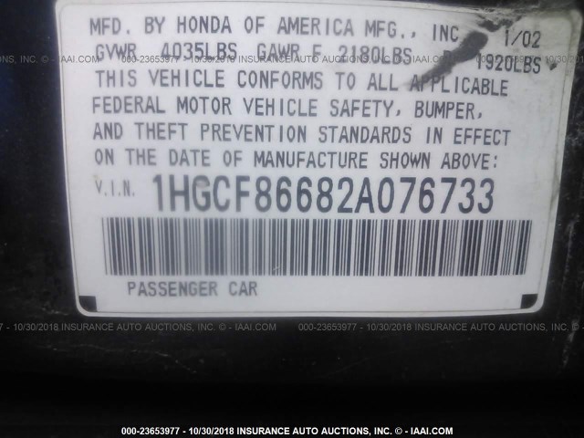 1HGCF86682A076733 - 2002 HONDA ACCORD VALUE BLUE photo 9