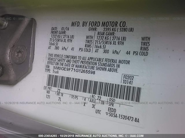 NM0GE9F71G1265598 - 2016 FORD TRANSIT CONNECT XLT WHITE photo 9