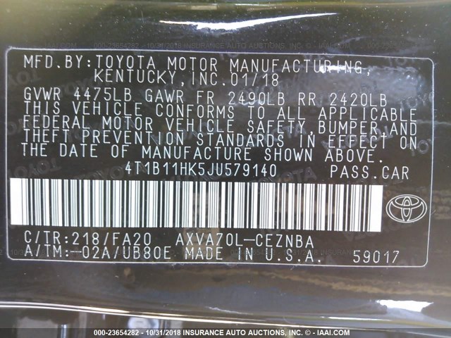 4T1B11HK5JU579140 - 2018 TOYOTA CAMRY L/LE/XLE/SE/XSE BLACK photo 9