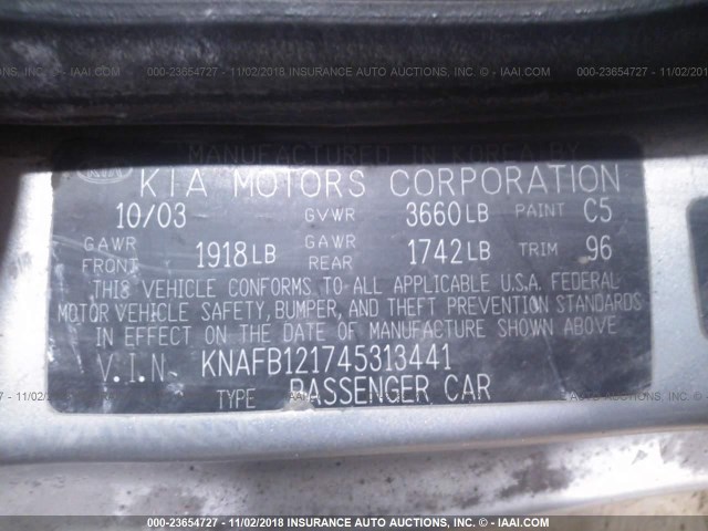 KNAFB121745313441 - 2004 KIA SPECTRA LS SILVER photo 9