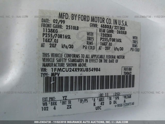 1FMCU24X9XUB54984 - 1999 FORD EXPLORER WHITE photo 9