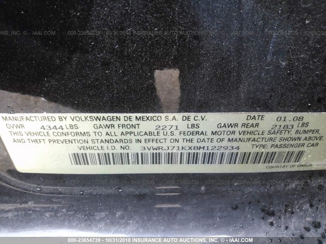 3VWRJ71KX8M122934 - 2008 VOLKSWAGEN JETTA WOLFSBURG 黑色 照片 9