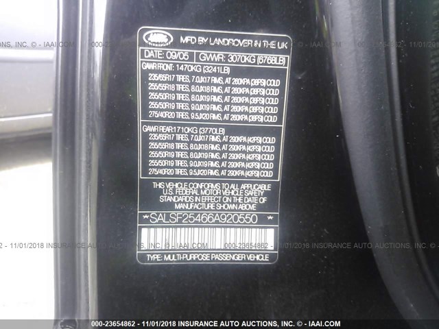 SALSF25466A920550 - 2006 LAND ROVER RANGE ROVER SPORT HSE BLACK photo 9