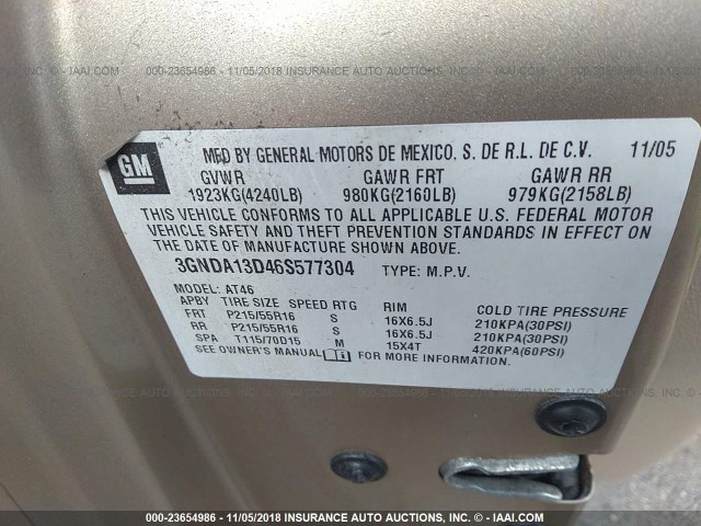 3GNDA13D46S577304 - 2006 CHEVROLET HHR LS Dorado foto 9