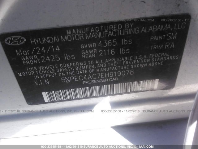 5NPEC4AC7EH919078 - 2014 HYUNDAI SONATA SE/LIMITED SILVER photo 9