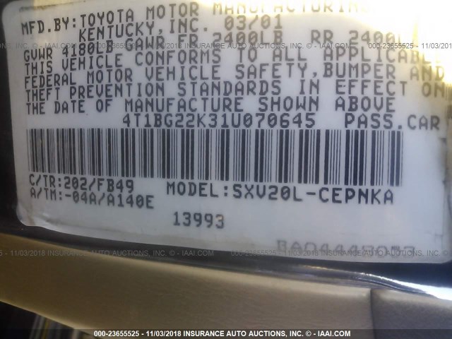 4T1BG22K31U070645 - 2001 TOYOTA CAMRY CE/LE/XLE 黑色 照片 9