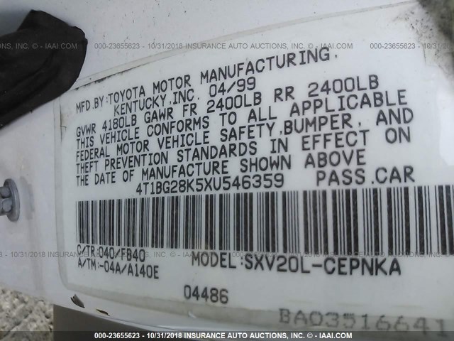 4T1BG28K5XU546359 - 1999 TOYOTA CAMRY CE/LE/XLE 白色 照片 9