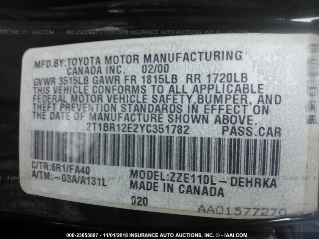 2T1BR12E2YC351782 - 2000 TOYOTA COROLLA VE/CE/LE 绿色 照片 9