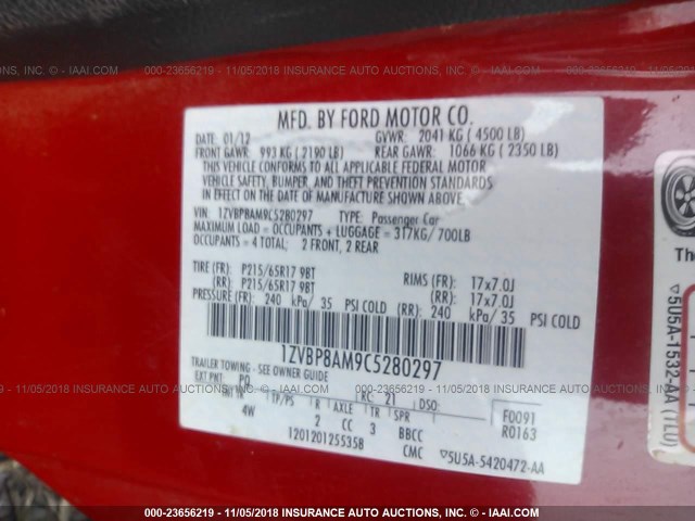 1ZVBP8AM9C5280297 - 2012 FORD MUSTANG RED photo 9