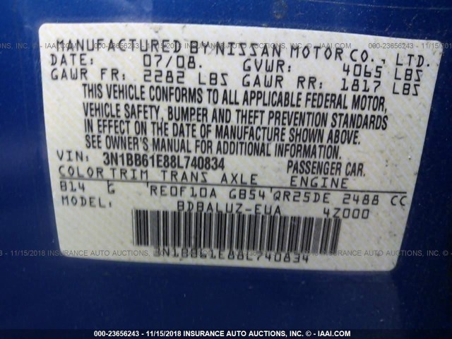 3N1BB61E88L740834 - 2008 NISSAN SENTRA SE-R BLUE photo 9